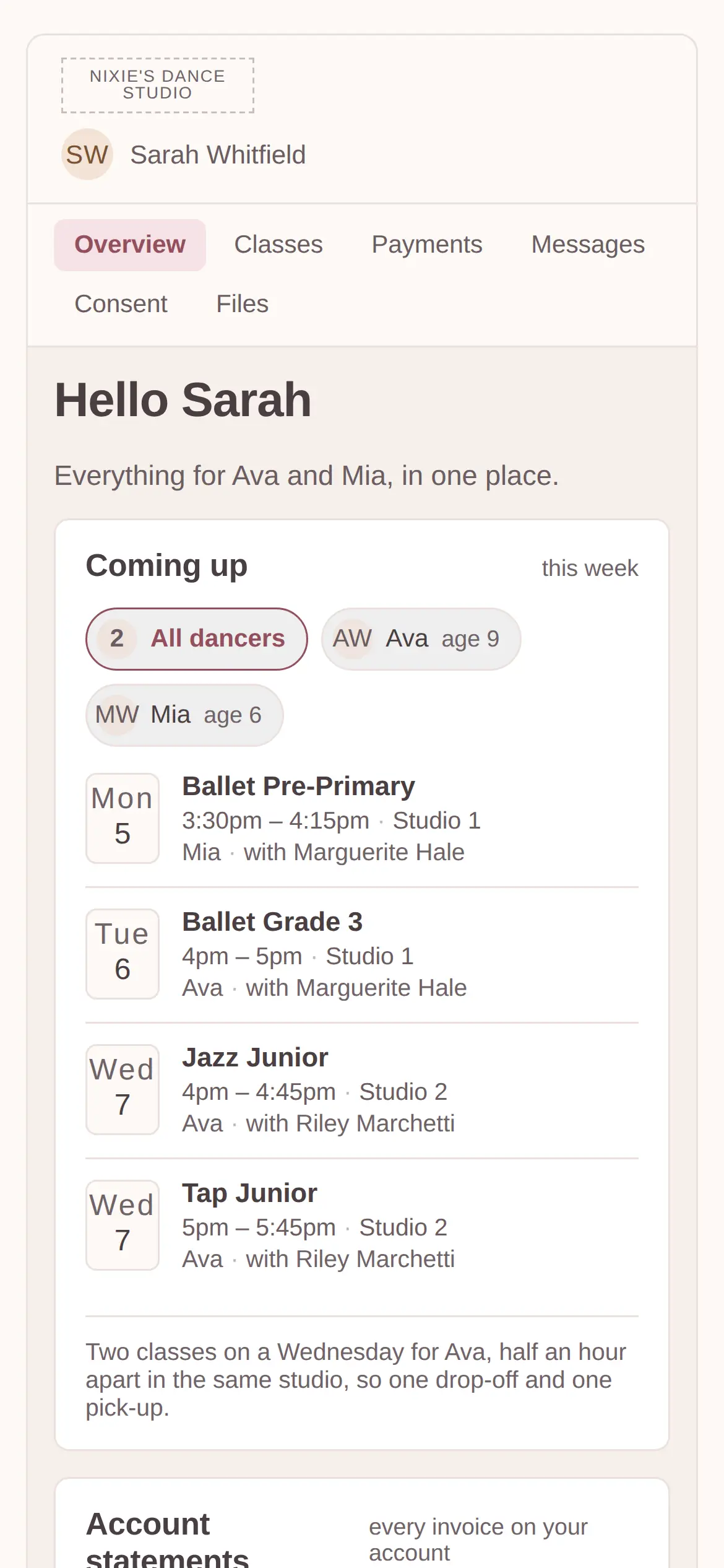 The member portal on a phone: Hello Sarah, everything for Ava and Mia in one place, with this week's classes for both dancers, such as Ballet Pre-Primary on Monday for Mia and Jazz Junior and Tap Junior on Wednesday for Ava.