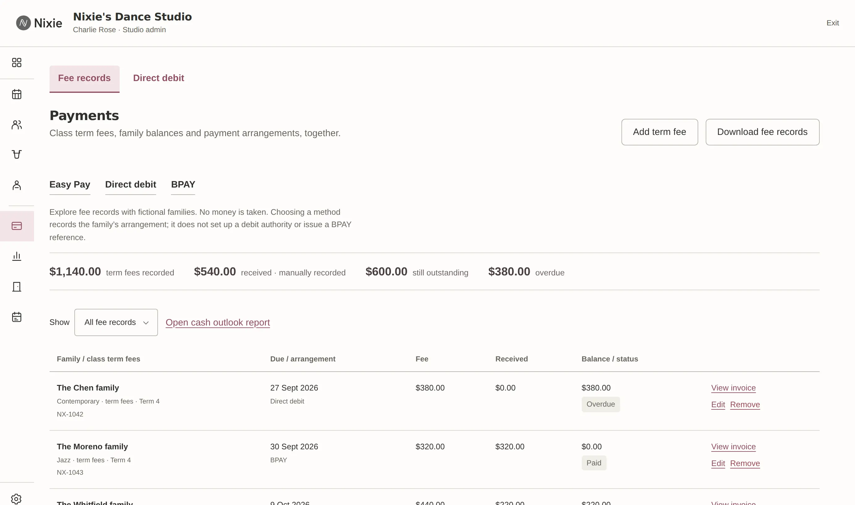 The Payments fee records screen: $1,140 of term fees recorded, $540 received, $600 still outstanding and $380 overdue, with rows for the Chen family overdue by direct debit and the Moreno family paid by BPAY.