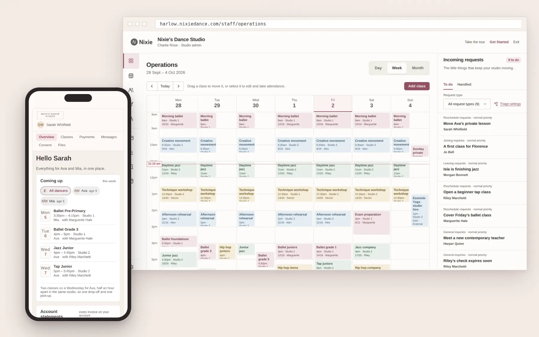 Nixie Dance: the studio's Operations week in a browser, with classes in their rooms and places taken and nine incoming requests beside it, and the family portal on a phone in situ showing one parent's week for two dancers