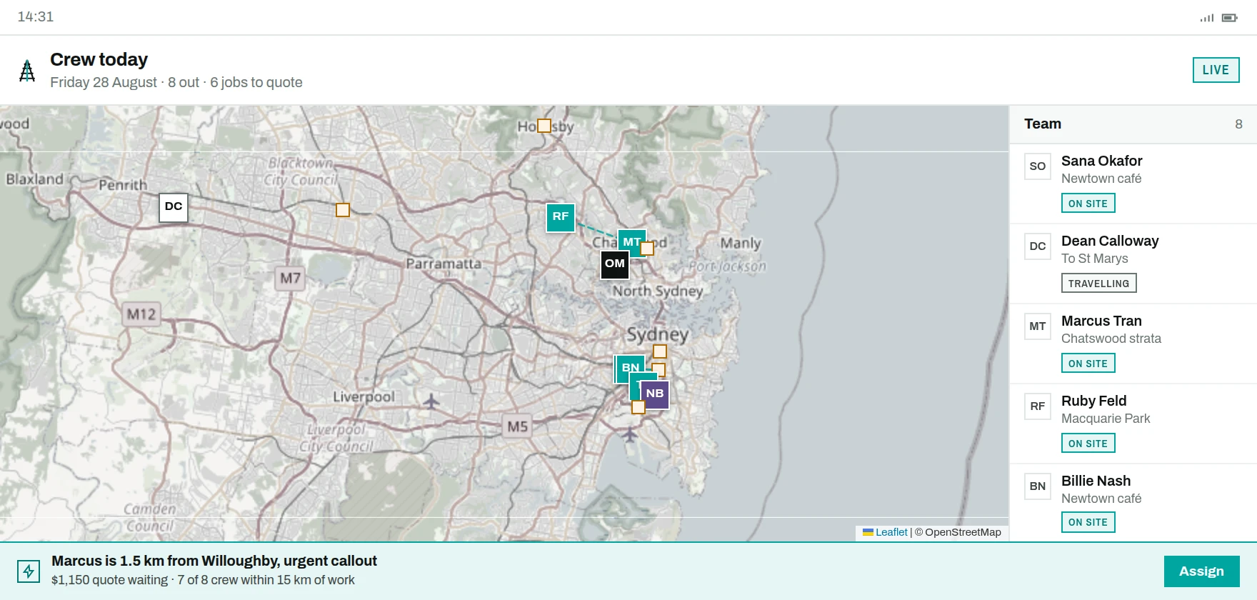 Pylon crew map on a phone in landscape, showing where the team is today across Sydney