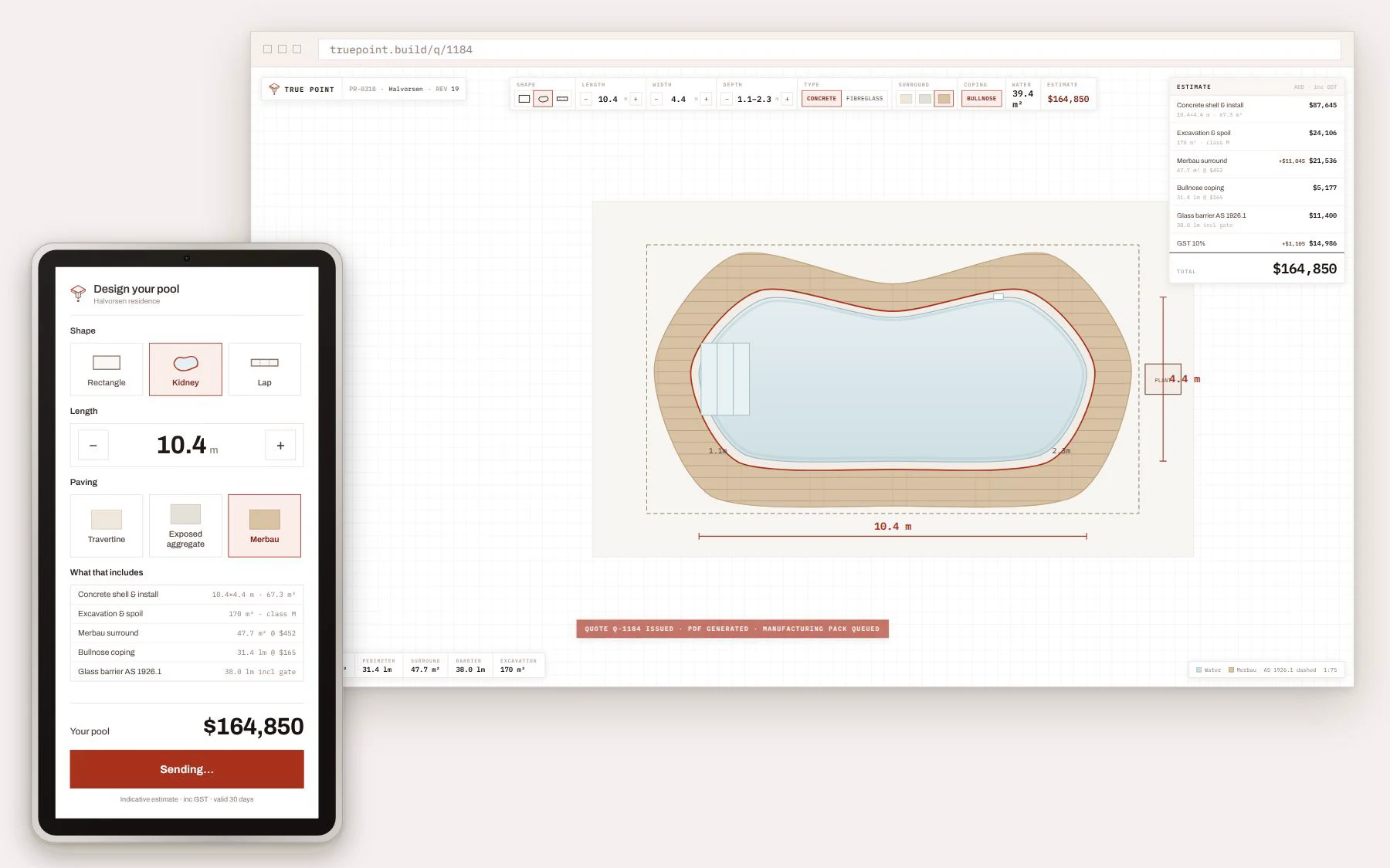 True Point: the client's tablet showing shape, length and paving choices beside the office system with the pool plan, the estimate and the total.