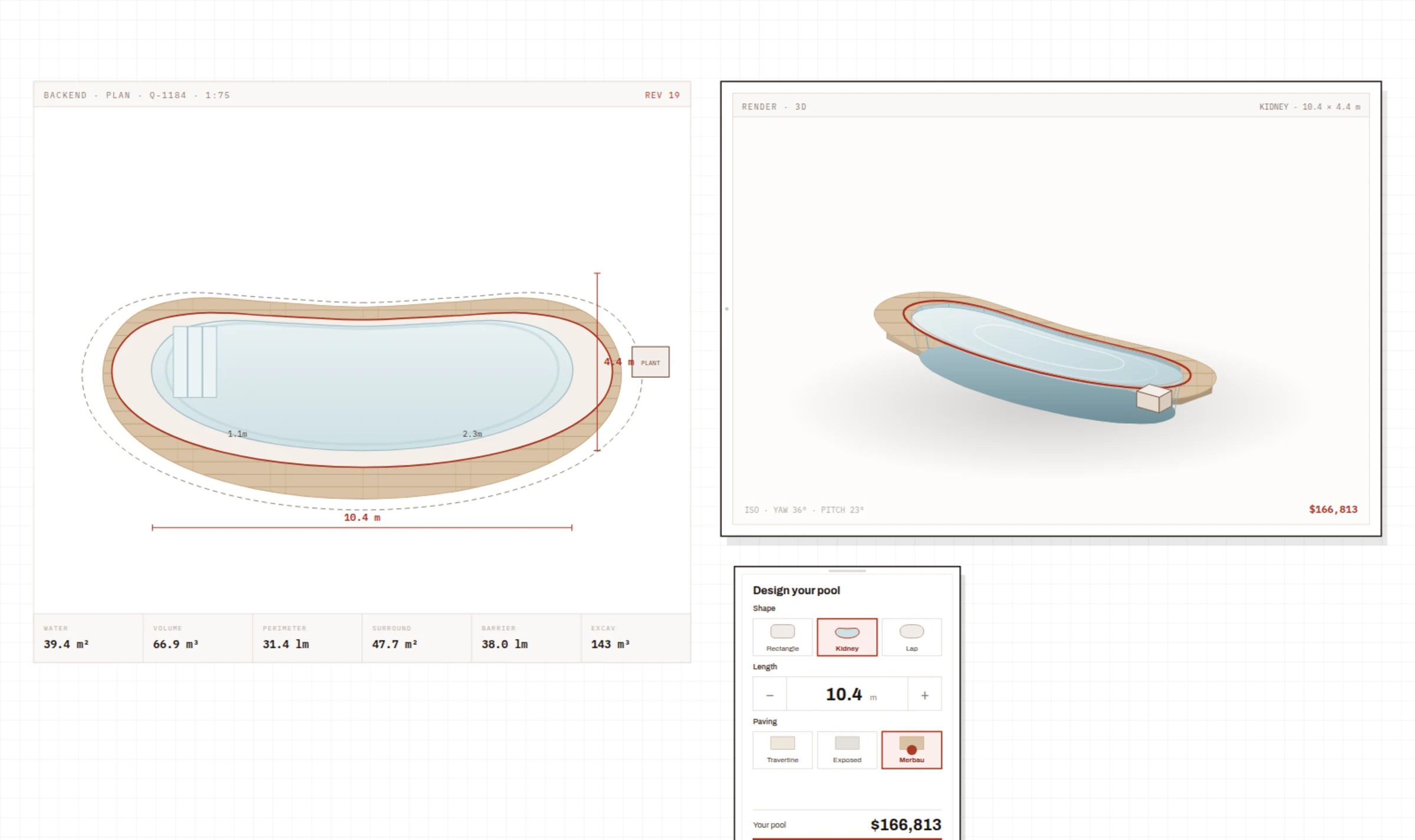 True Point pool configurator showing a plan with travertine surround, bullnose coping and equipment, priced live