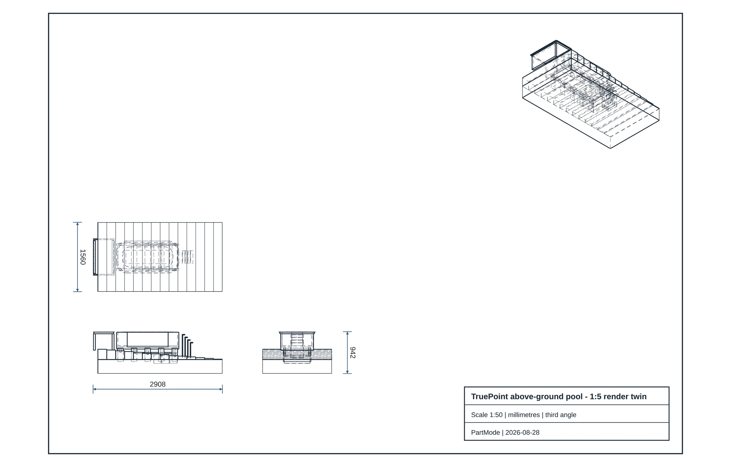 Third-angle hidden-line drawing sheet of the above-ground pool: plan, front elevation, end elevation and isometric, with dimensions and a title block