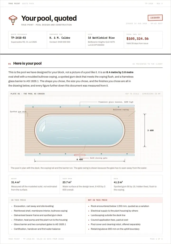 Page 1: quote cover and pool plan